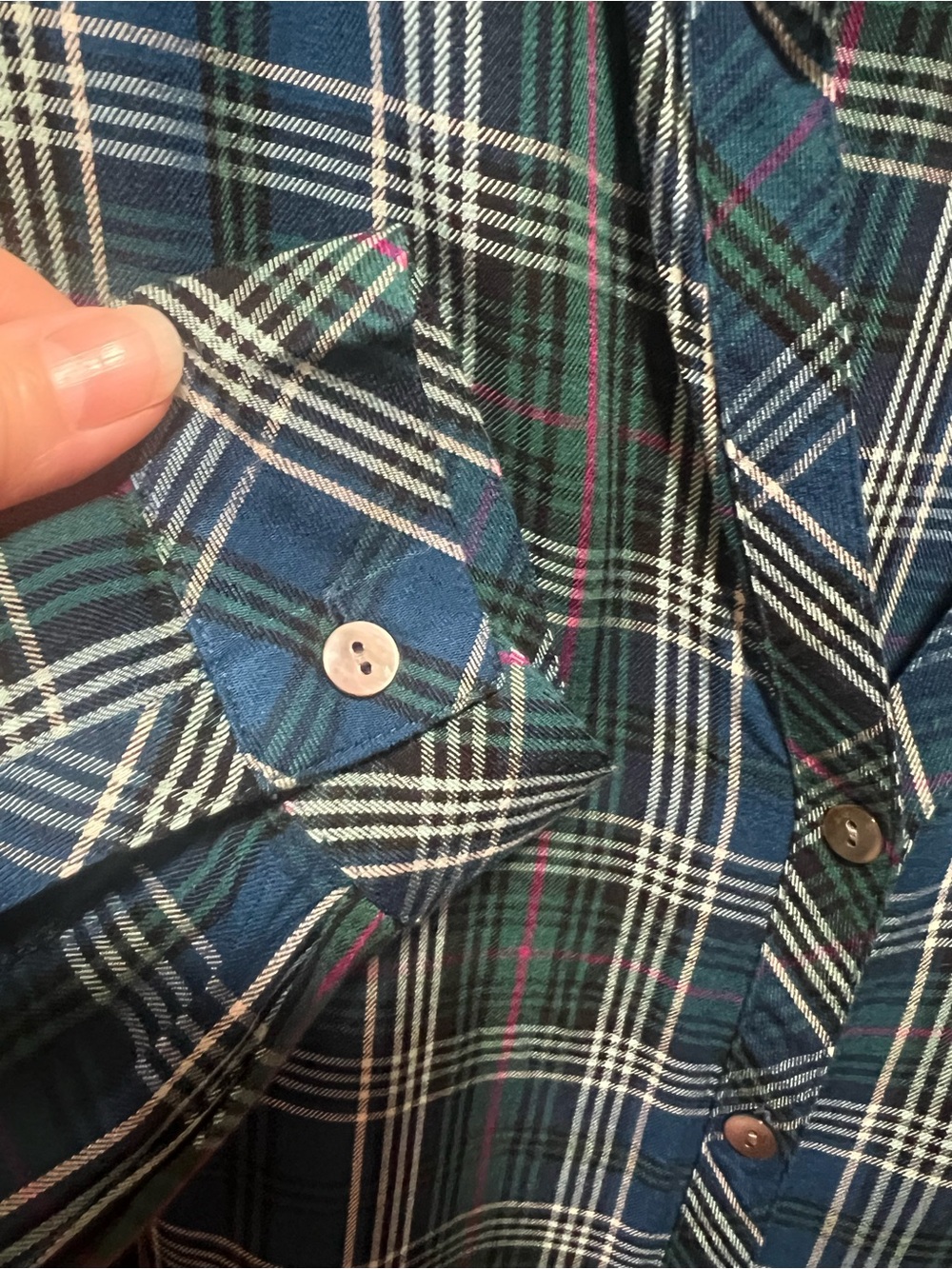J.Jill Plaid Button Front Tunic Blouse Size Large Blue Green Rayon - Picture 7 of 11